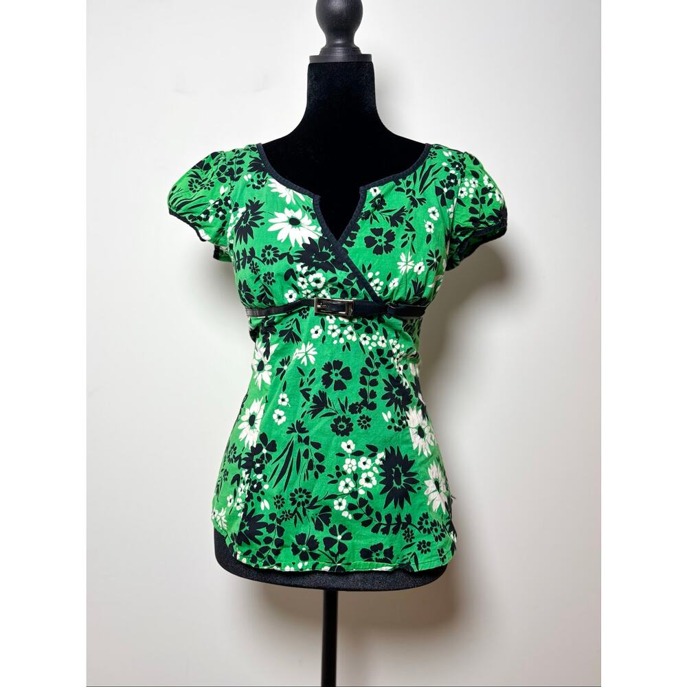 Vtg Y2K Studio Y Green and Black Floral Milkmaid Belted Top Size M